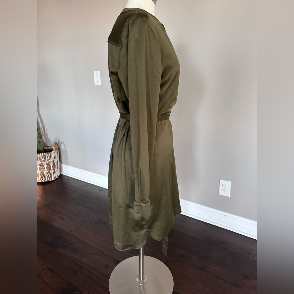 Banana Republic Satin Silky Belted Career Midi Shirt Dress Olive Green 14 - Picture 2 of 16